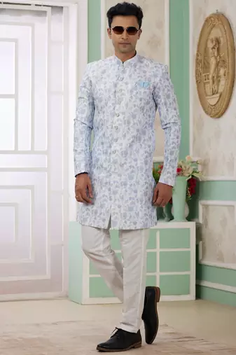 blue banarasi jacquard sherwani for men