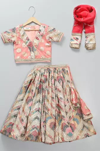 Peach printed chanderi lehenga set