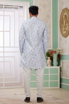 blue banarasi jacquard sherwani for men 4