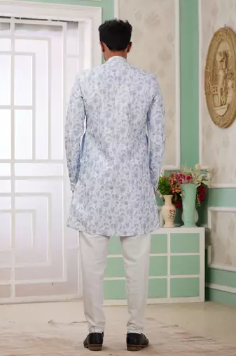 blue banarasi jacquard sherwani for men