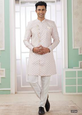 cream banarasi jacquard sherwani for men 1