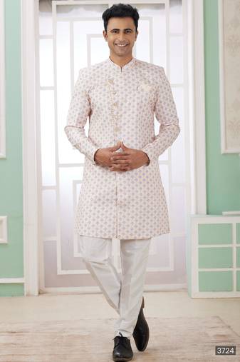 Cream banarasi jacquard semi indo for men