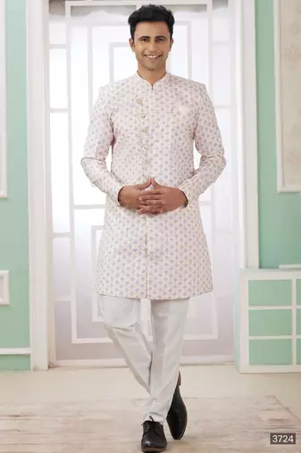 Cream banarasi jacquard semi indo for men