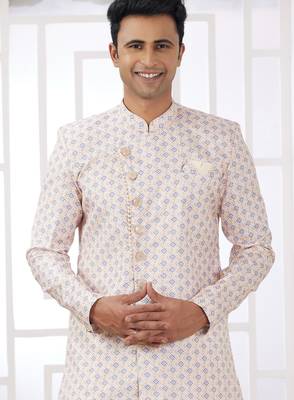 cream banarasi jacquard sherwani for men 2