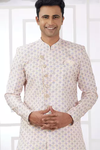 cream banarasi jacquard sherwani for men