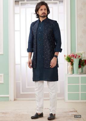 dark blue art silk kurta nehru jacket set for men 1