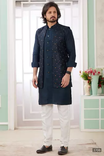 Dark Blue art silk kurta jacket set for men