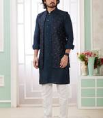 Dark Blue art silk kurta jacket set for men