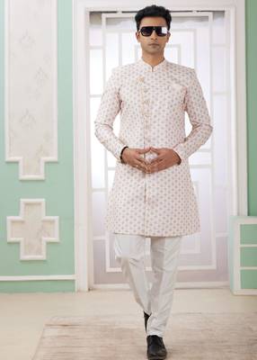 cream banarasi jacquard sherwani for men 3