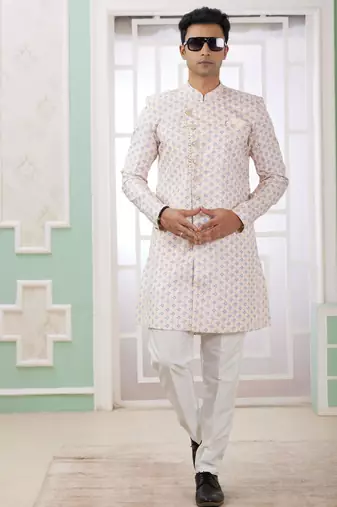 cream banarasi jacquard sherwani for men