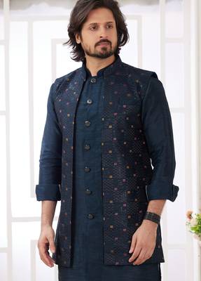 dark blue art silk kurta nehru jacket set for men 2