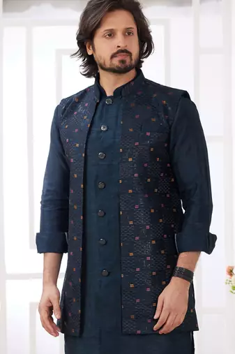 dark blue art silk kurta nehru jacket set for men