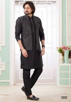 black  art silk kurta nehru jacket set for men 1