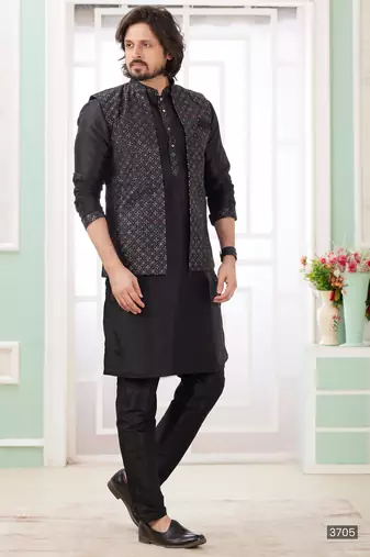 Black  art silk kurta jacket set for men