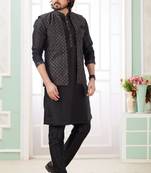 Black  art silk kurta jacket set for men