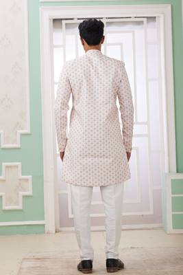 cream banarasi jacquard sherwani for men 4