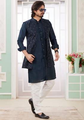 dark blue art silk kurta nehru jacket set for men 3