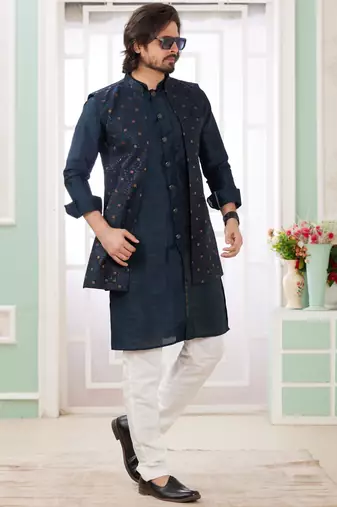 dark blue art silk kurta nehru jacket set for men