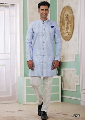 blue banarasi jacquard sherwani for men 1