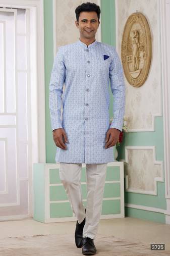 Blue banarasi jacquard semi indo for men