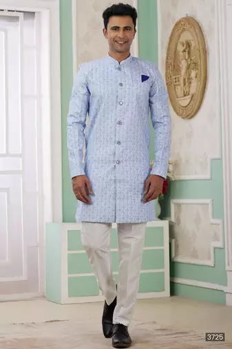 Blue banarasi jacquard semi indo for men