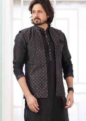 black  art silk kurta nehru jacket set for men 2