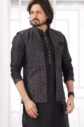 black  art silk kurta nehru jacket set for men