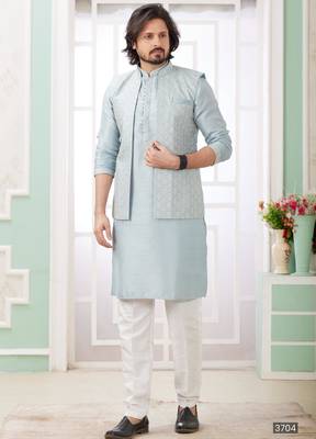 blue  art silk kurta nehru jacket set for men 1