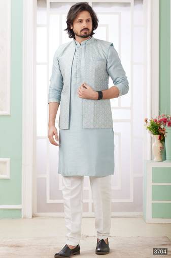 Blue  art silk kurta jacket set for men