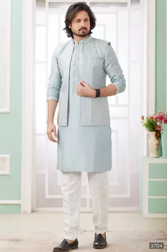 Blue  art silk kurta jacket set for men