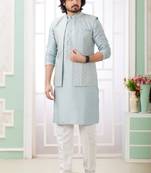 Blue  art silk kurta jacket set for men
