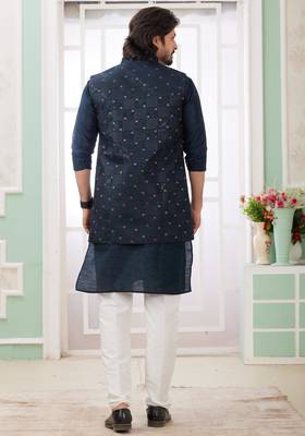 dark blue art silk kurta nehru jacket set for men 4