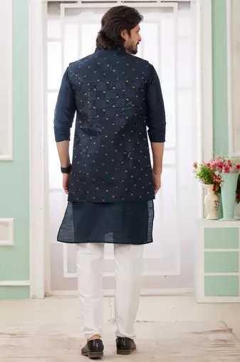 dark blue art silk kurta nehru jacket set for men