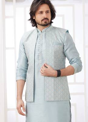 blue  art silk kurta nehru jacket set for men 2