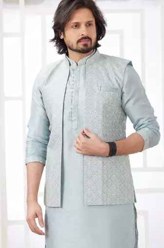blue  art silk kurta nehru jacket set for men