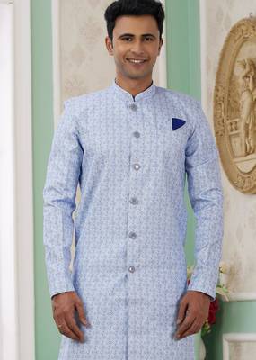 blue banarasi jacquard sherwani for men 2