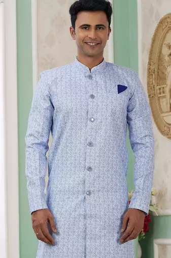 blue banarasi jacquard sherwani for men
