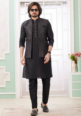 black  art silk kurta nehru jacket set for men 3