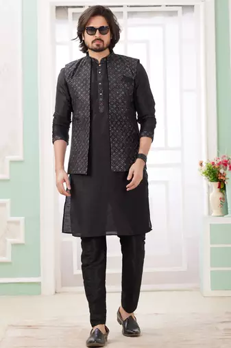 black  art silk kurta nehru jacket set for men