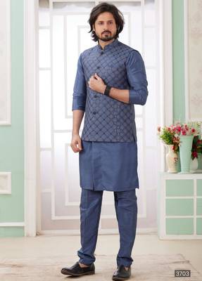 blue  art silk kurta nehru jacket set for men 1