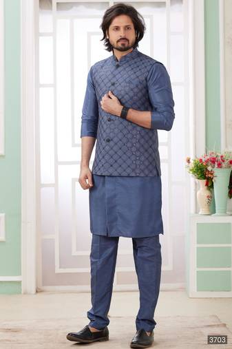 Blue  art silk kurta jacket set for men