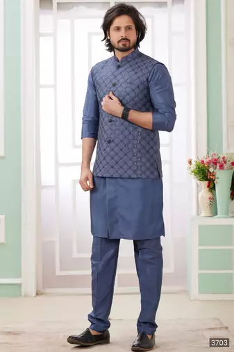 Blue  art silk kurta jacket set for men