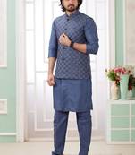 Blue  art silk kurta jacket set for men
