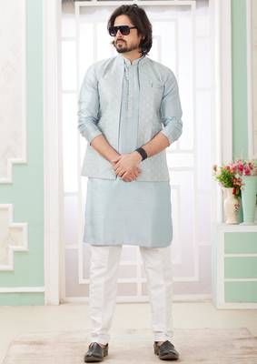 blue  art silk kurta nehru jacket set for men 3