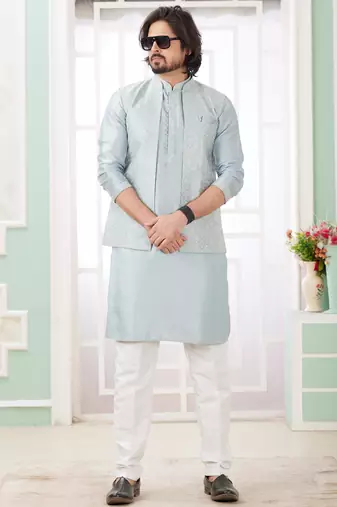 blue  art silk kurta nehru jacket set for men