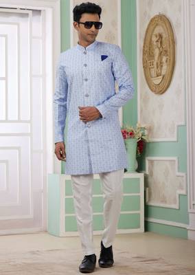 blue banarasi jacquard sherwani for men 3