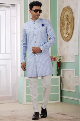 blue banarasi jacquard sherwani for men