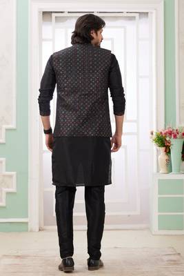 black  art silk kurta nehru jacket set for men 4