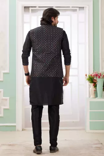 black  art silk kurta nehru jacket set for men
