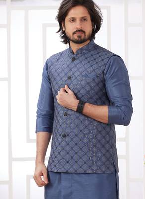 blue  art silk kurta nehru jacket set for men 2